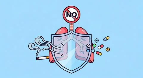 Illustration of lungs protected by shield from smoking and pills, no smokin.. Stock Illustration