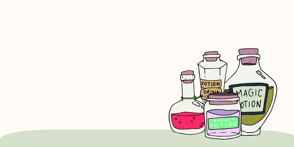 Illustration of magic potions in jar on table Stock Photos