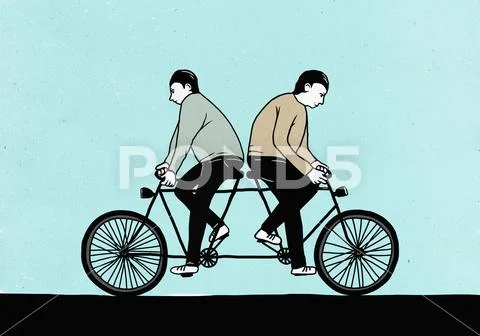 Illustration of male friends riding tandem bicycle in opposite directions Stock Illustration