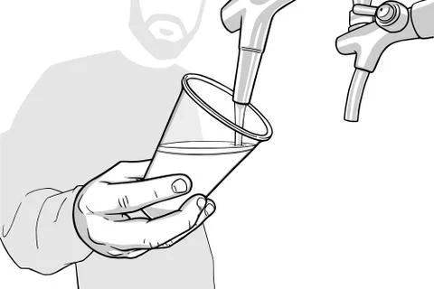 Illustration of man with beard pouring draft beer in black and white Stock Illustration