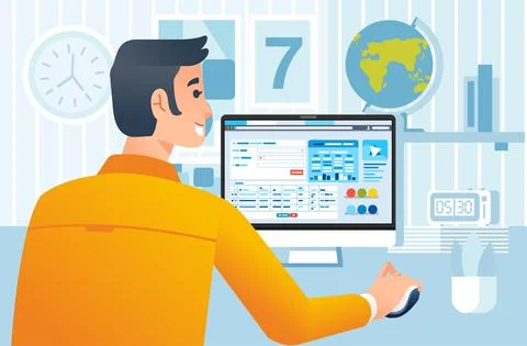 Illustration of man from behind using a computer for working on desk with his Stock Illustration