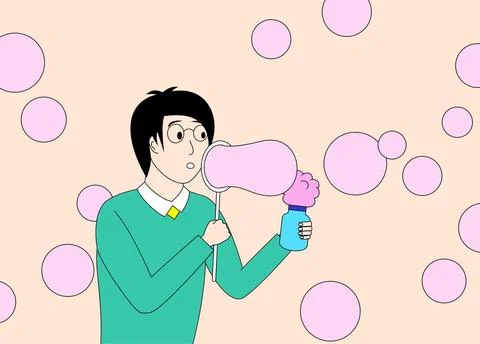 Illustration of a man blowing bubbles. the bubbles are pink Stock Illustration