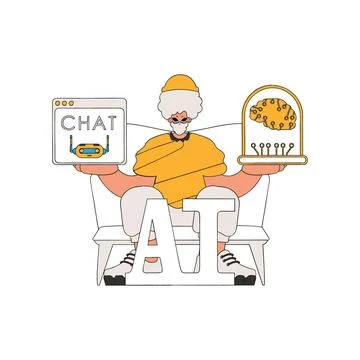 Illustration of a man conversing with AI held in his hands. Stock Illustration