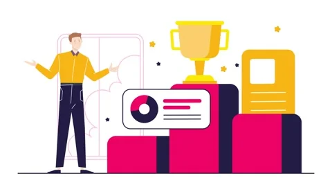 Illustration of a man with graphic chart and trophy business animated video Stock Footage 282419559