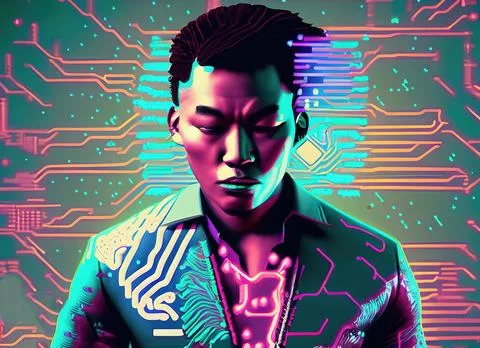Illustration of a man with light rays, brain, and energy in a cyberpunk style. Foto stock