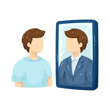 Illustration of man looking at future self in mirror Stock Illustration