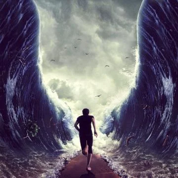 Illustration of a man running through a split sea Stock Illustration