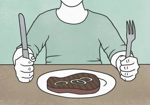 Illustration of man sitting at dining table behind steak on plate Stock Illustration