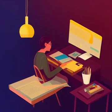 Illustration of a man sitting in front of the computer and working from home. Stock-Illustration