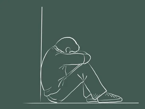 Illustration of a man sitting lean on the wall sad because bullying Illustrazione stock