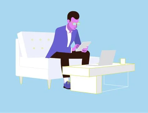 Illustration of a man sitting on the sofa holding tablet in his hand browsing Stock Illustration