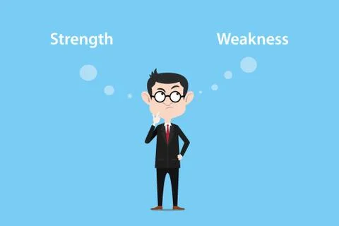 Illustration of a man thinking about strength or weakness with white text and Stock Illustration