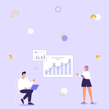 Illustration Of Man Using Laptop And Girl Standing Sharing Ideas For Skill イラスト素材
