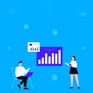 Illustration Of Man Using Laptop And Girl Standing Sharing Ideas For Skill Illustrazione stock