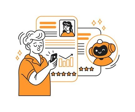 Illustration of Man Using Smartphone with AI Assistant Stock Illustration