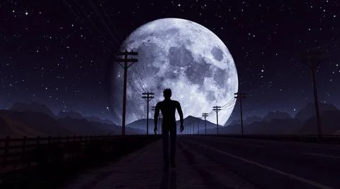 Illustration of man walking on a night road Silhouette go towards the moon Stock Photos