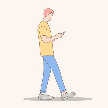 Illustration of a man walking while holding a smartphone from the side Stock Illustration