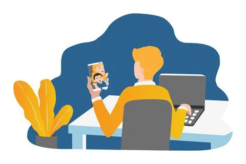 Illustration a man work while video call Stock Illustration