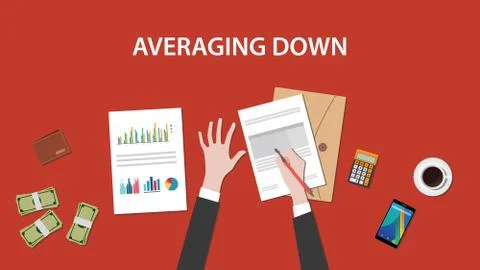 Illustration of a man writing analysis for averaging down on paperwork with red Stock Illustration