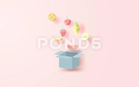 Illustration of Many fruit colorful Hang on the box open the lid. Stock Illustration