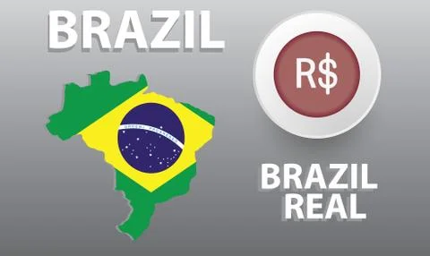 Illustration map of Brazil, the button with the currency symbol and its name Stock Illustration