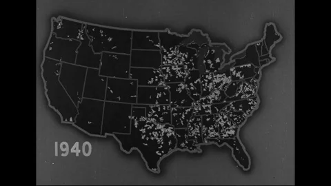 Illustration of map represent electrification development in rural area - 1940 Stock Footage 99785241