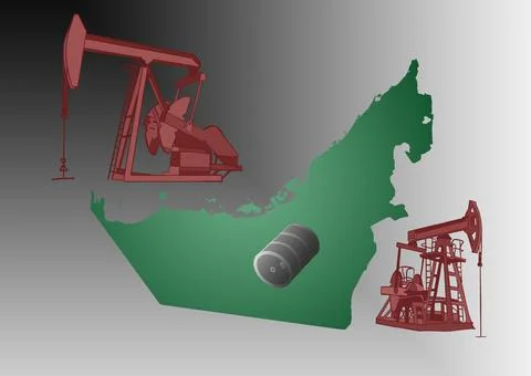 Illustration with a map of United Arab Emirates, oil extraction machines and Stock Illustration