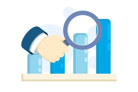 Illustration of market or data analysis with magnifying glass and column charts Illustrazione stock