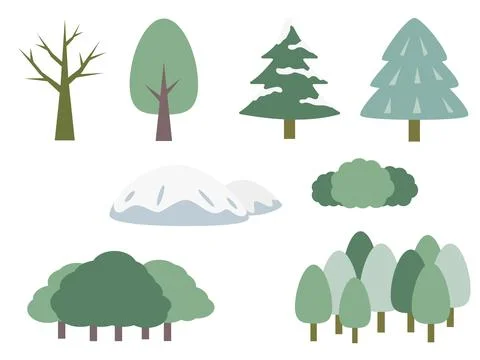 Illustration material set of winter snow-covered trees and mountains. Illustrazione stock