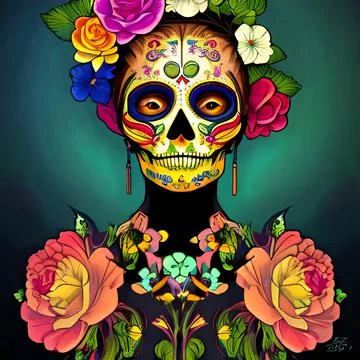 Illustration of a Mexican Skull with colourful floral ornament Stock Illustration