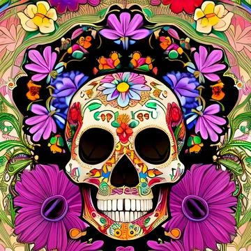 Illustration of a Mexican Skull with colourful floral ornament Stock Illustration