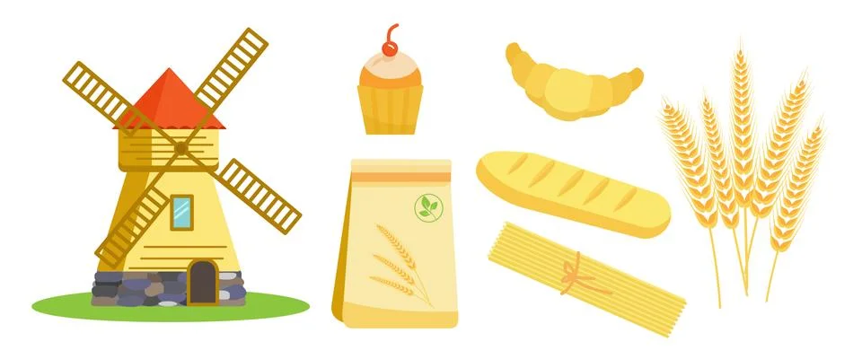 Illustration mill collection of elements wheat spikelets and grain products. Stock Illustration