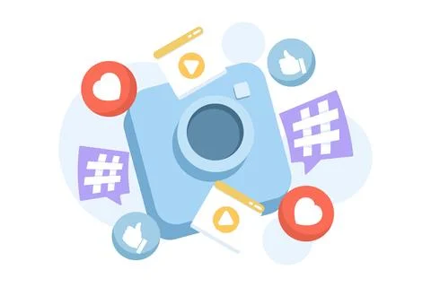 Illustration of a mini camera with like, thumbs-up, and hashtag icons Stock Illustration