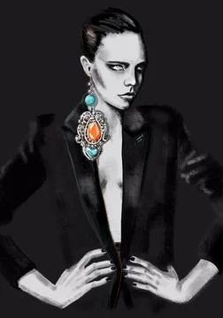 Illustration of a model in black jacket with massive earring Stock Illustration