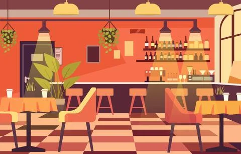 Illustration of Modern Interior Landscape in Cafe Restaurant with Dining Ta.. Stock Illustration