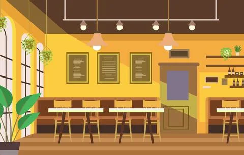 Illustration of Modern Interior Landscape in Cafe Restaurant with Dining Ta.. Stock Illustration