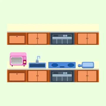 Illustration of a modern kitchen set complete with a mini oven, sink Stock Illustration