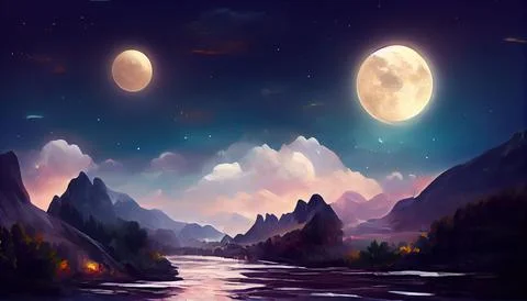 Illustration of the moon over a river in the mountains Ilustração Stock