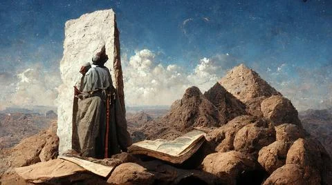 Illustration of Moses receiving the ten commandments at Mount Sinai, relig... Stock Photos