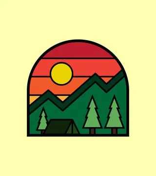 Illustration of mountain design along with trees and camping tents Stock Illustration