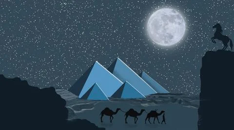 Illustration of a mountain, pyramids of Egypt 2d illustration, horse with man, c Stockillustratie