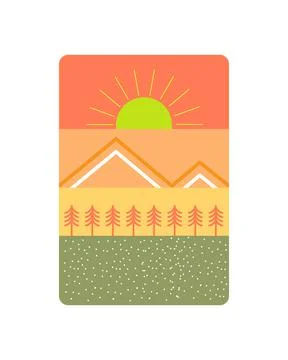 Illustration of mountains, pine trees, and bright sun in beautiful simple des Stock Illustration