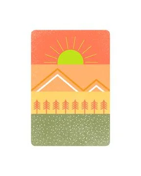 Illustration of mountains, pine trees, and bright sun in simple design Stock Illustration