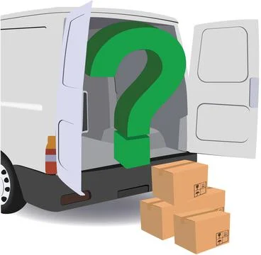 An illustration of a moving van, a question mark, and some boxes on a white b Stock Illustration