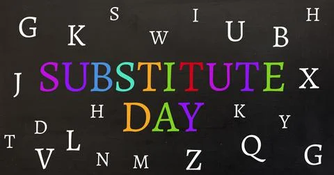 Illustration of multicolored substitute day text and letters against black Stock Illustration