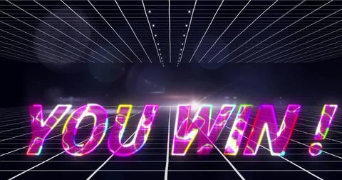Illustration of multicolored you win text with lens flare and grid pattern on Stock Illustration