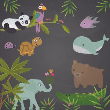 Illustration of multiple animals with plants on night grey sky with stars in Stock Illustration