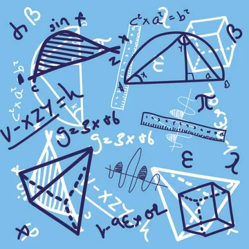 Illustration of multiple blue and white mathematical icons on light blue Illustrazione stock