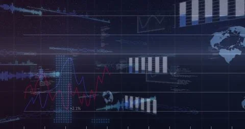 Illustration of multiple graphs with database, globe and map against black 스톡 일러스트