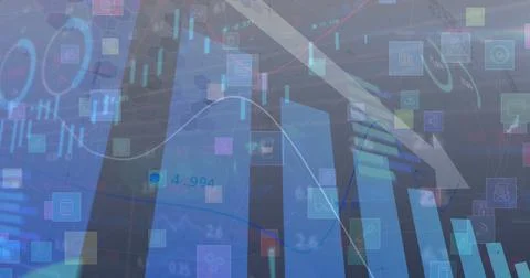 Illustration of multiple graphs with declining arrow and application icons over Stock Illustration